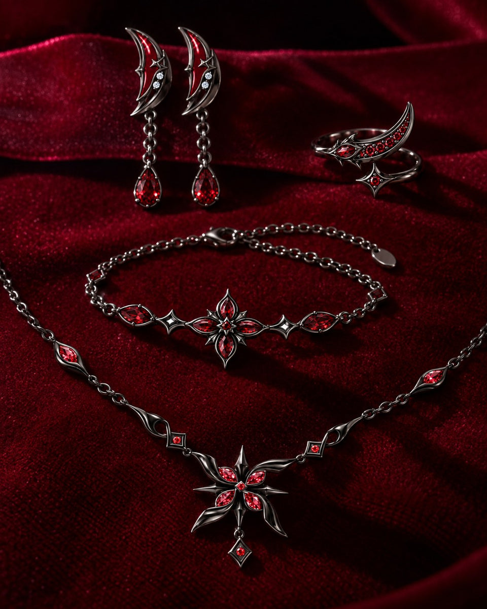 The full Arlecchino set in Royal Black on red velvet