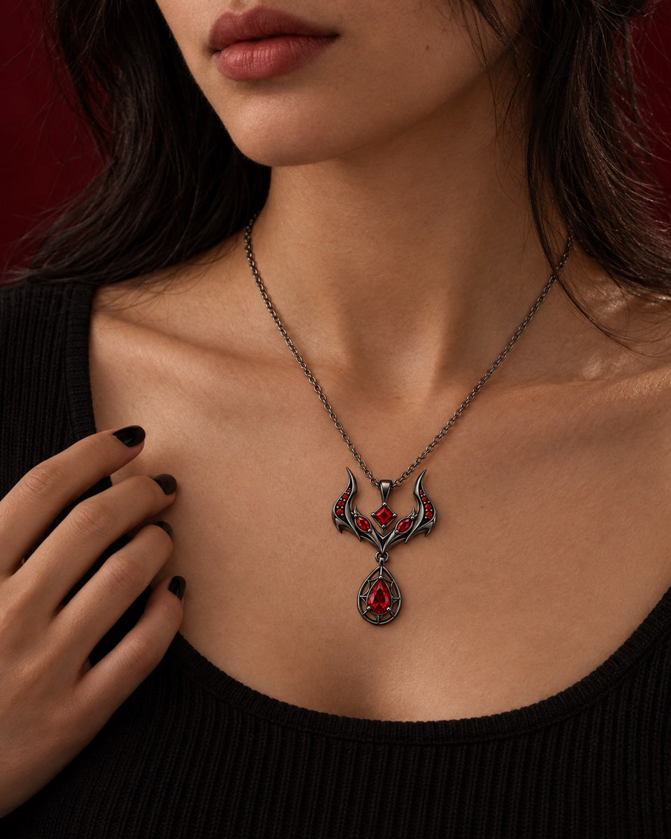 The Malevolent Necklace in Royal Black, worn