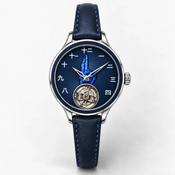Six Eyes Watch on its navy leather strap