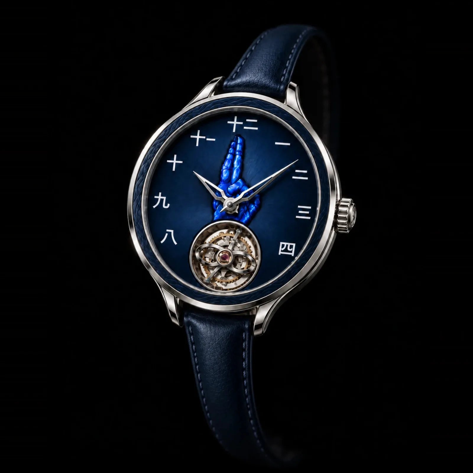 Six Eyes Watch, navy dial with a cobalt hand sign