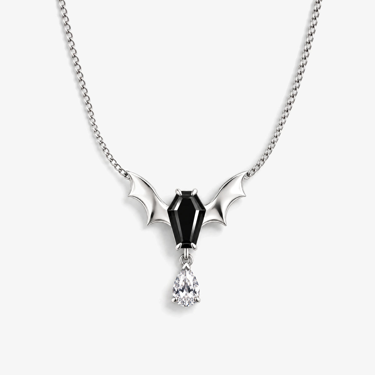 Bat Coffin Pendant Necklace in Silver, front view