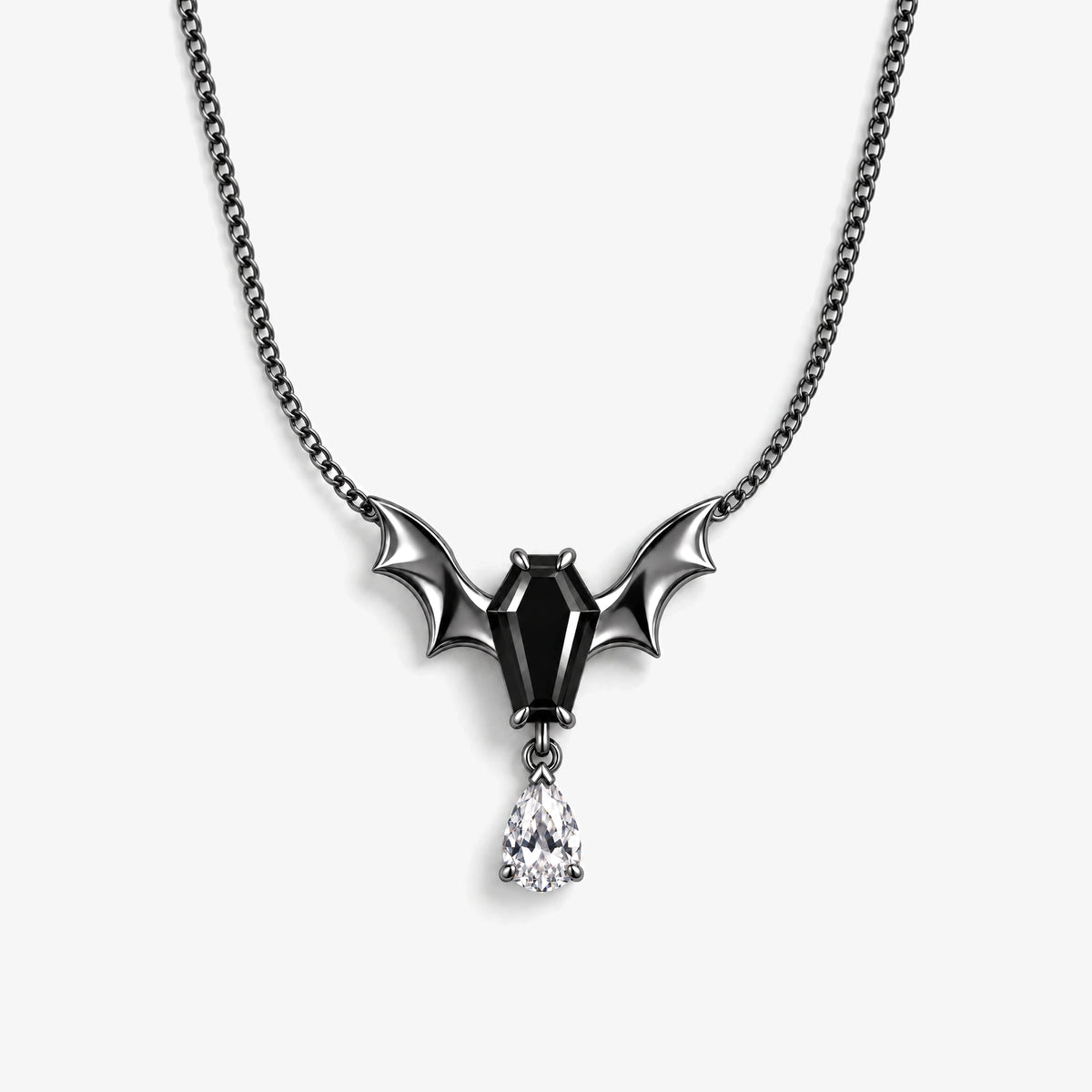Bat Coffin Pendant Necklace in Royal Black, front view