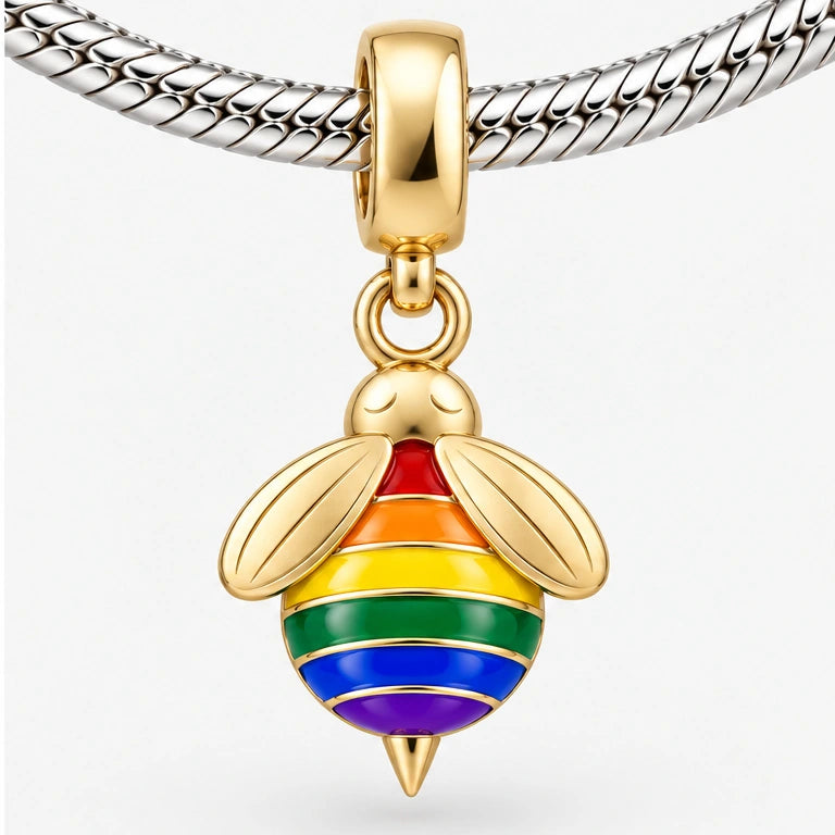 Rainbow Pride Bee Charm on bracelet view