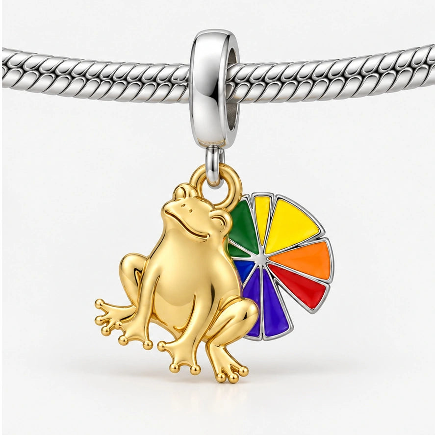 Rainbow Pride Frog Charm on bracelet view