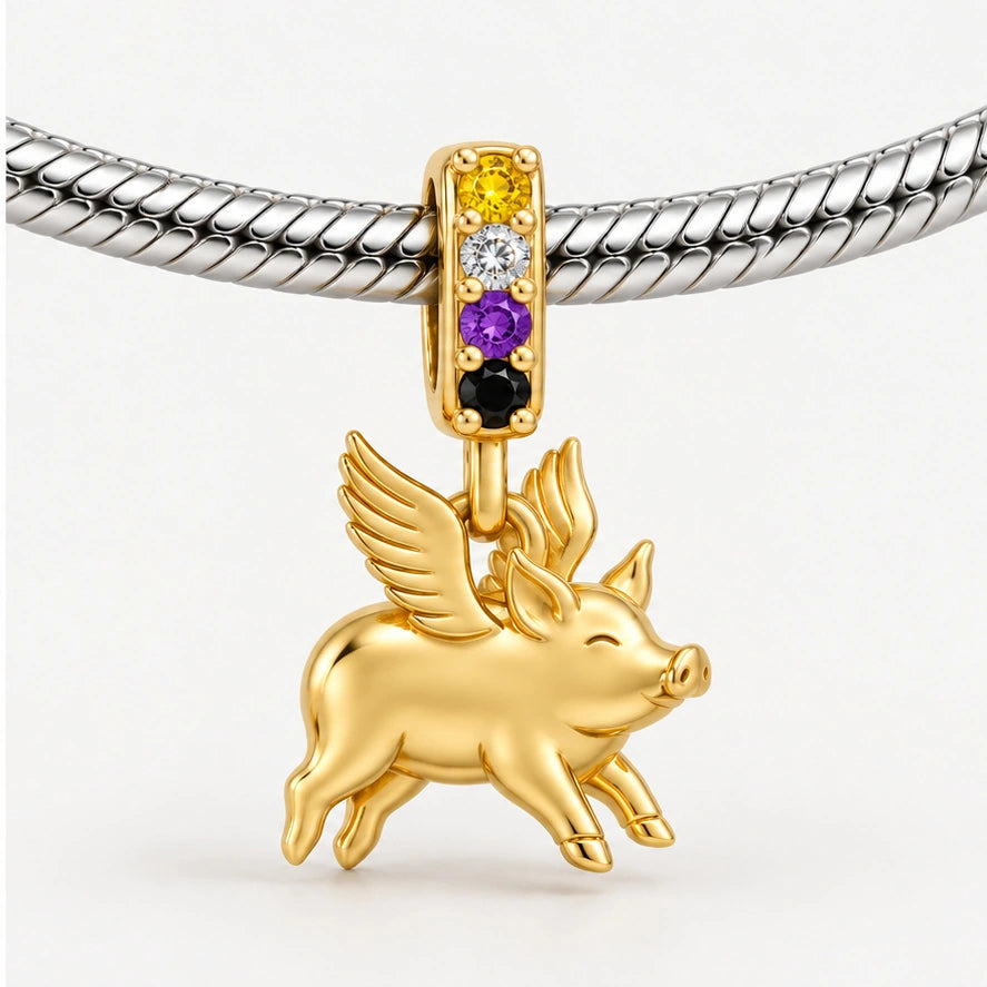 Nonbinary Pride Flying Pig Charm on bracelet view