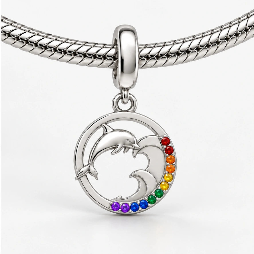 Rainbow Pride Dolphin Charm on bracelet view