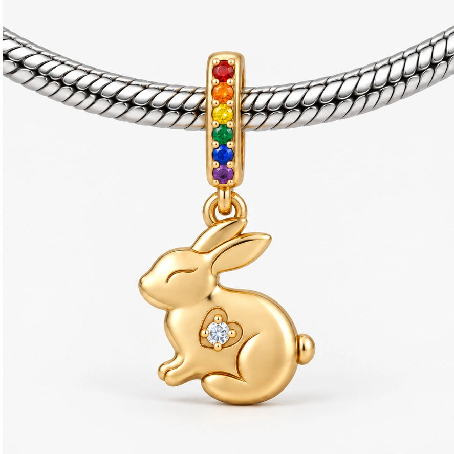 Rainbow Pride Bunny Charm on bracelet view