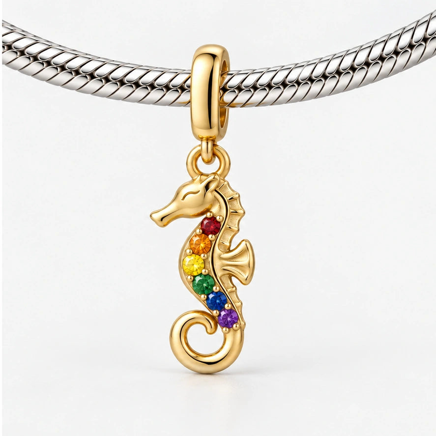 Rainbow Pride Seahorse Charm on bracelet view