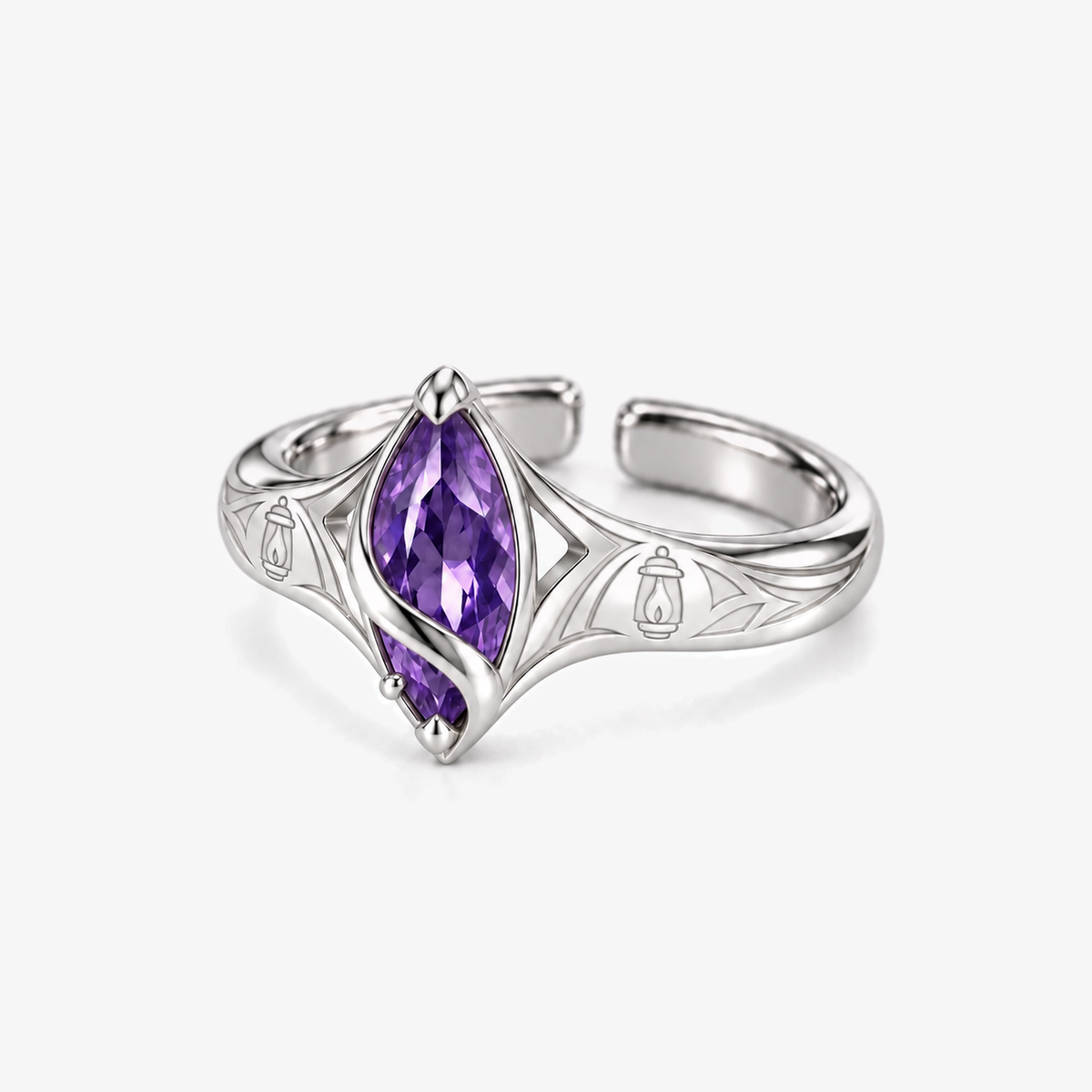 Flins Ring in silver, front view with fine engraved detailing