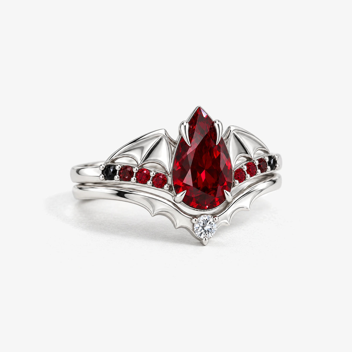 Crimson Wing Stacking Ring Set in Silver, left side view