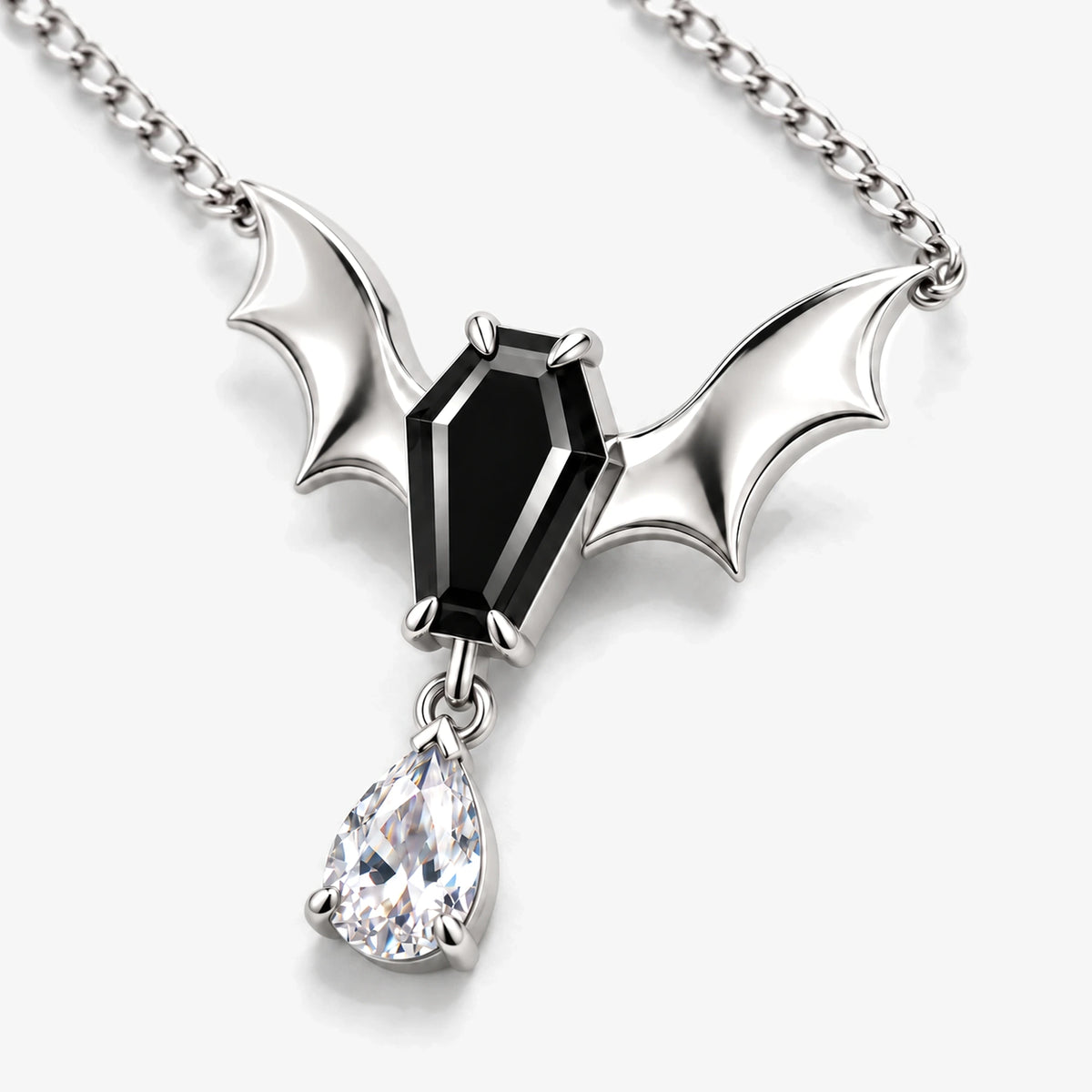 Bat Coffin Pendant Necklace in Silver, three-quarter view