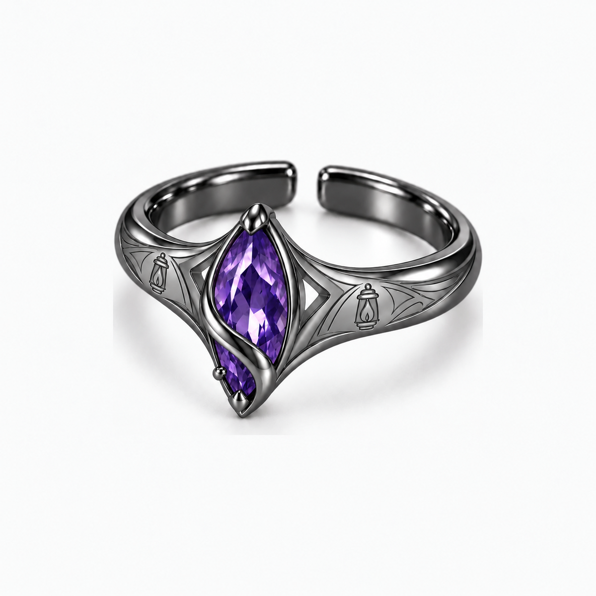 Flins Ring in Royal Black, front view with fine engraved detailing