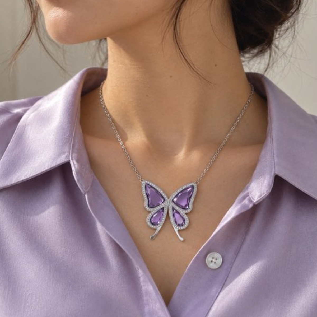 Butterfly Hashira Necklace model a safe