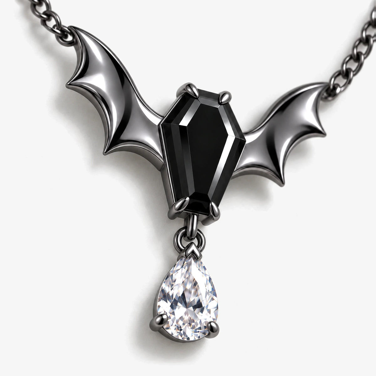 Bat Coffin Pendant Necklace in Royal Black, close-up detail
