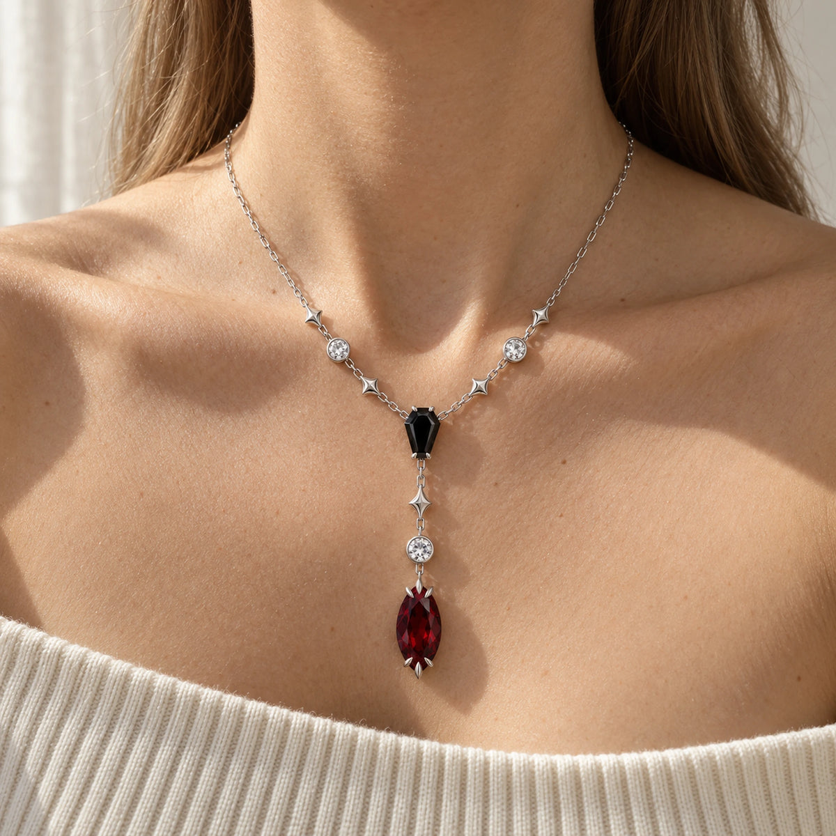 Coffin Y Necklace in Silver, worn