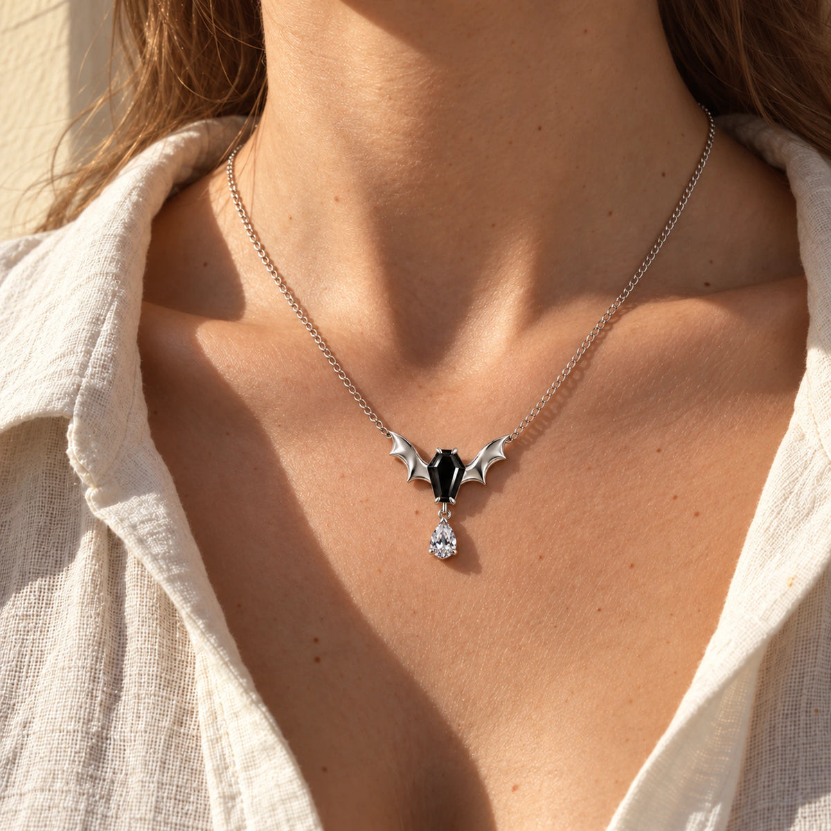 Bat Coffin Pendant Necklace in Silver, worn