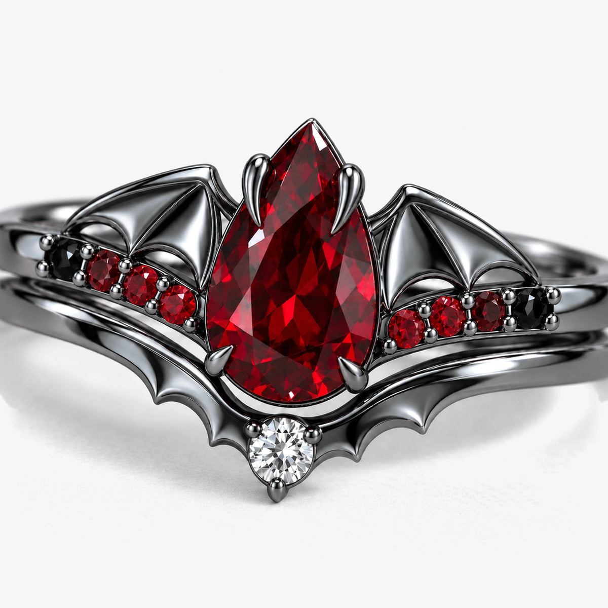 Crimson Wing Stacking Ring Set in Royal Black, close-up detail