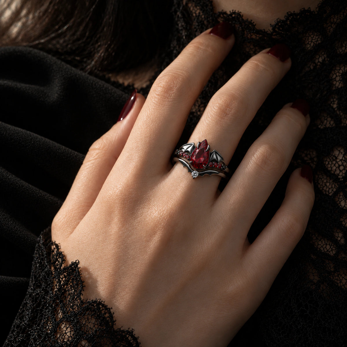 Crimson Wing Stacking Ring Set in Royal Black, worn