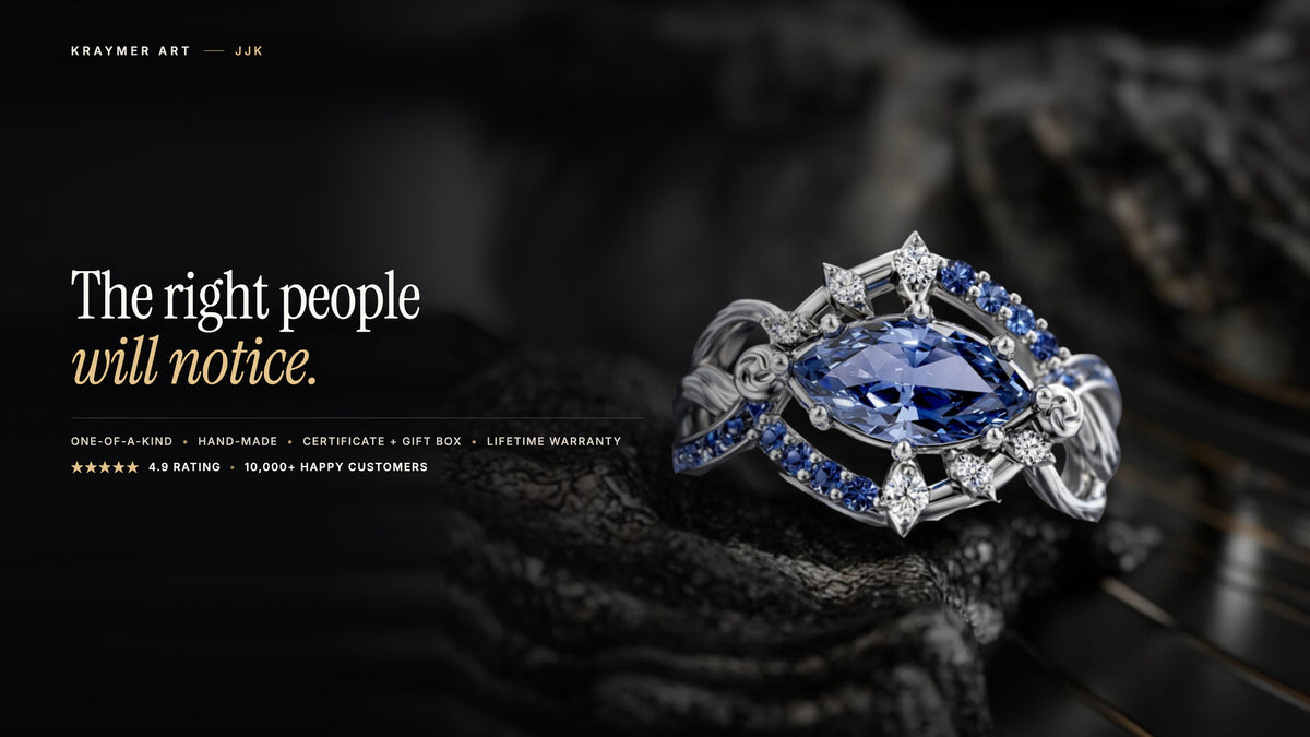 JJK collection banner, sapphire ring on dark stone