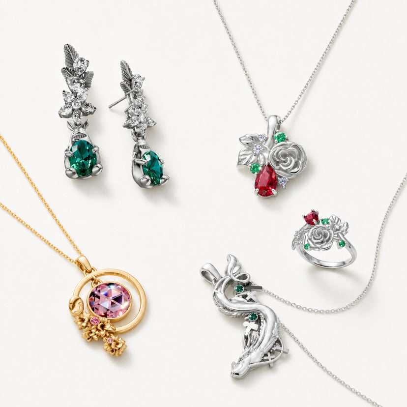 Five-design jewelry collection with separate gold and silver necklaces, earrings, necklace, and ring