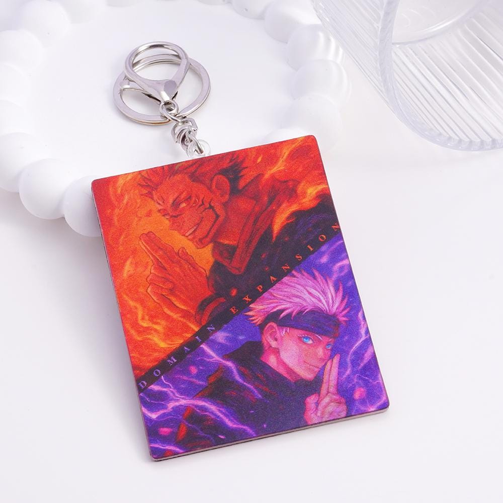 Lenticular keychain showing two anime figures facing off with a layered depth effect, by Kraymer Art