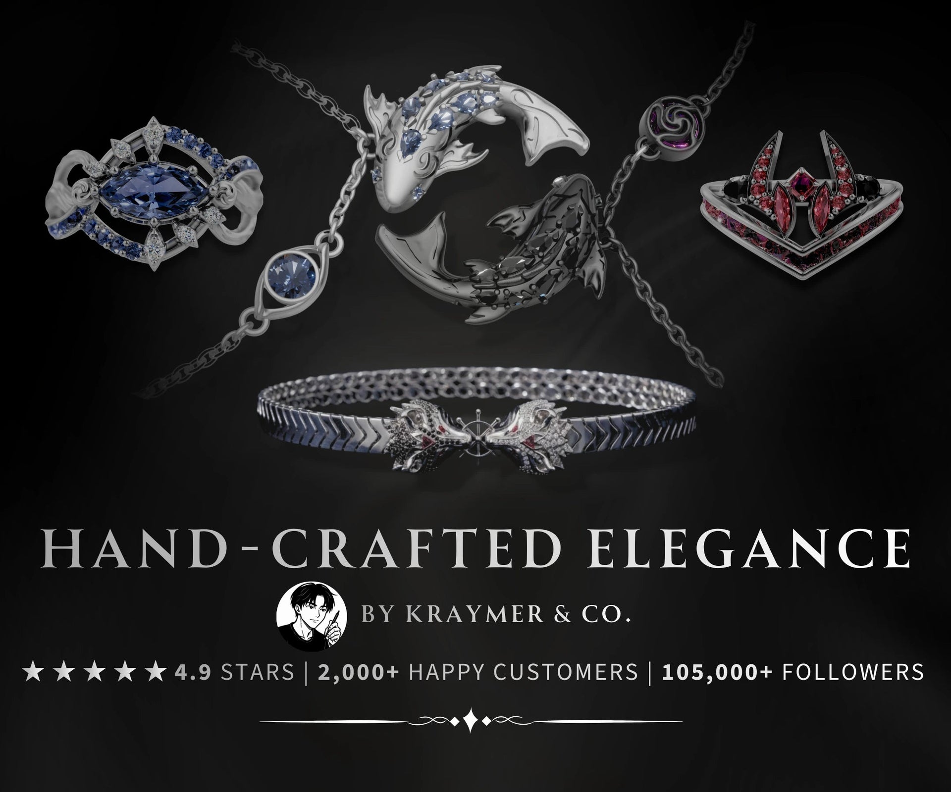 Jewelry set with 'Hand-Crafted Elegance' by Kraymer & Co. on a dark background.