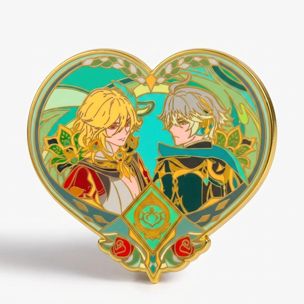 Gold-tone enamel pin of two figures side by side with a glow section, Kaveh x Alhaitham pin by Kraymer Art