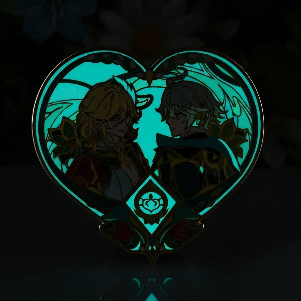 Glow-in-the-dark effect of Kaveh x Alhaitham Glow-in-Dark Enamel Pin, Kraymer Art