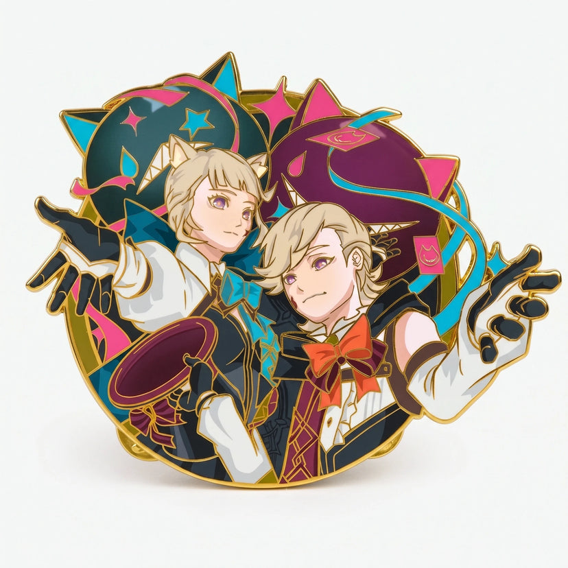 Gold-tone enamel pin with Lyney and Lynette side by side, Lyney x Lynette Glow in the Dark Pin by Kraymer Art
