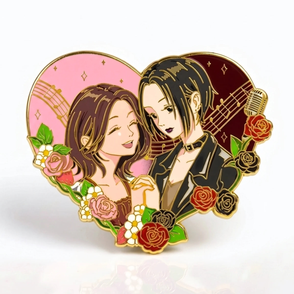 Glow-in-the-dark enamel pin with a punk rose figure in the Pride duos format, by Kraymer Art