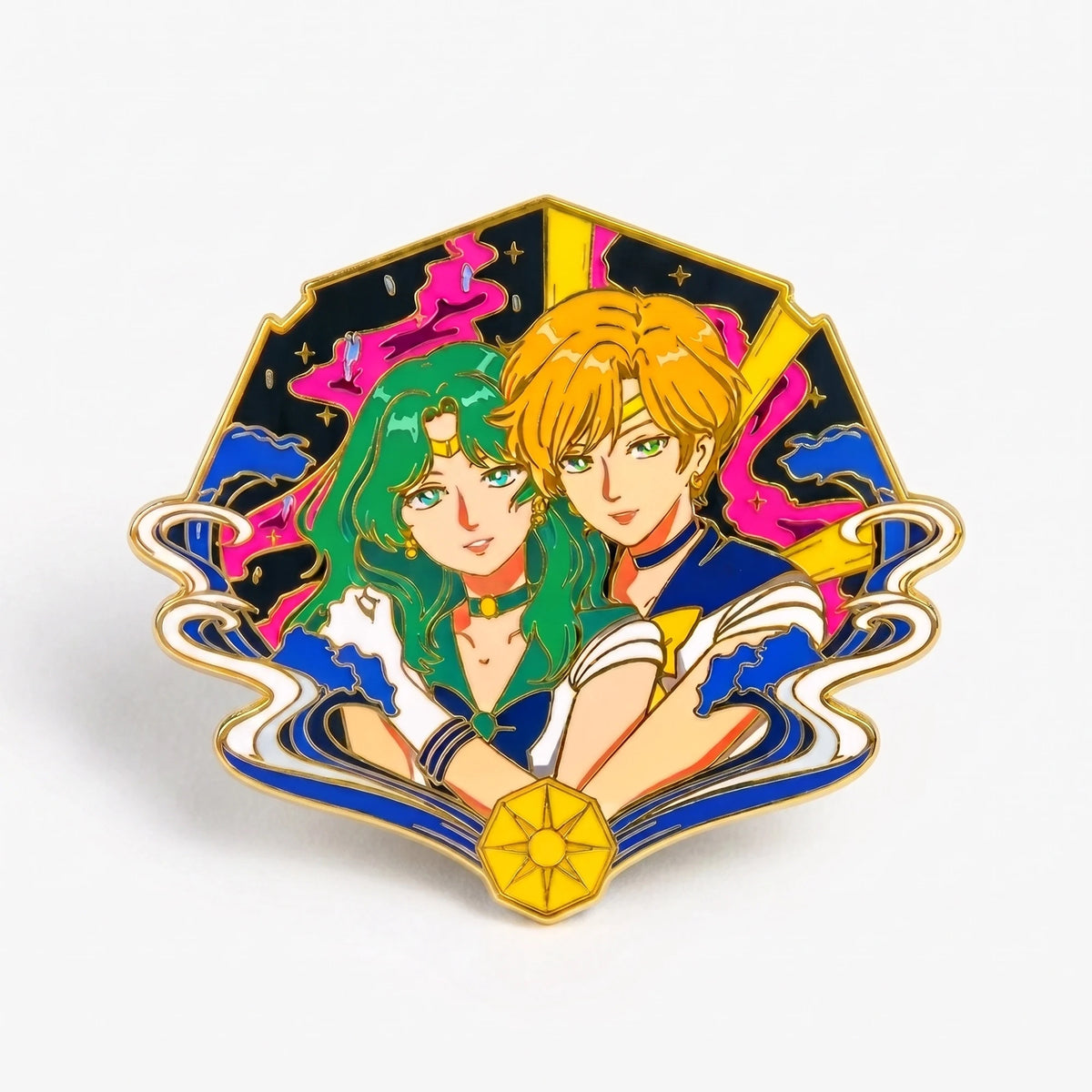 Gold-tone enamel pin of a guardian figure with a glow in the dark section, by Kraymer Art