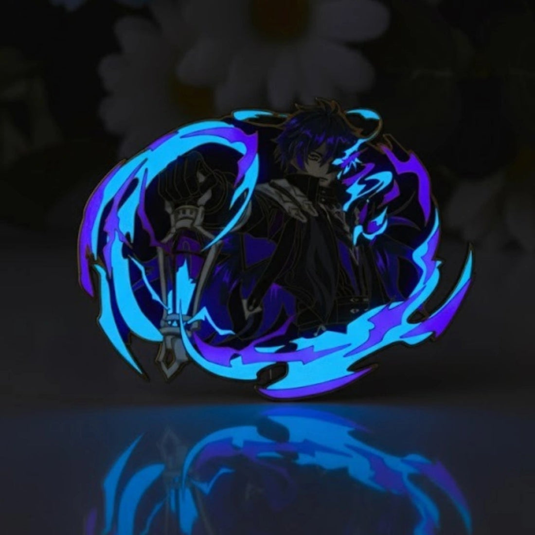 Flins Glow in the Dark Enamel Pin glowing in the dark