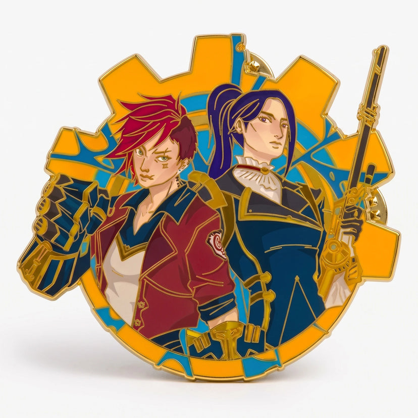 Glow-in-the-dark enamel pin with two figures sharing one frame, by Kraymer Art