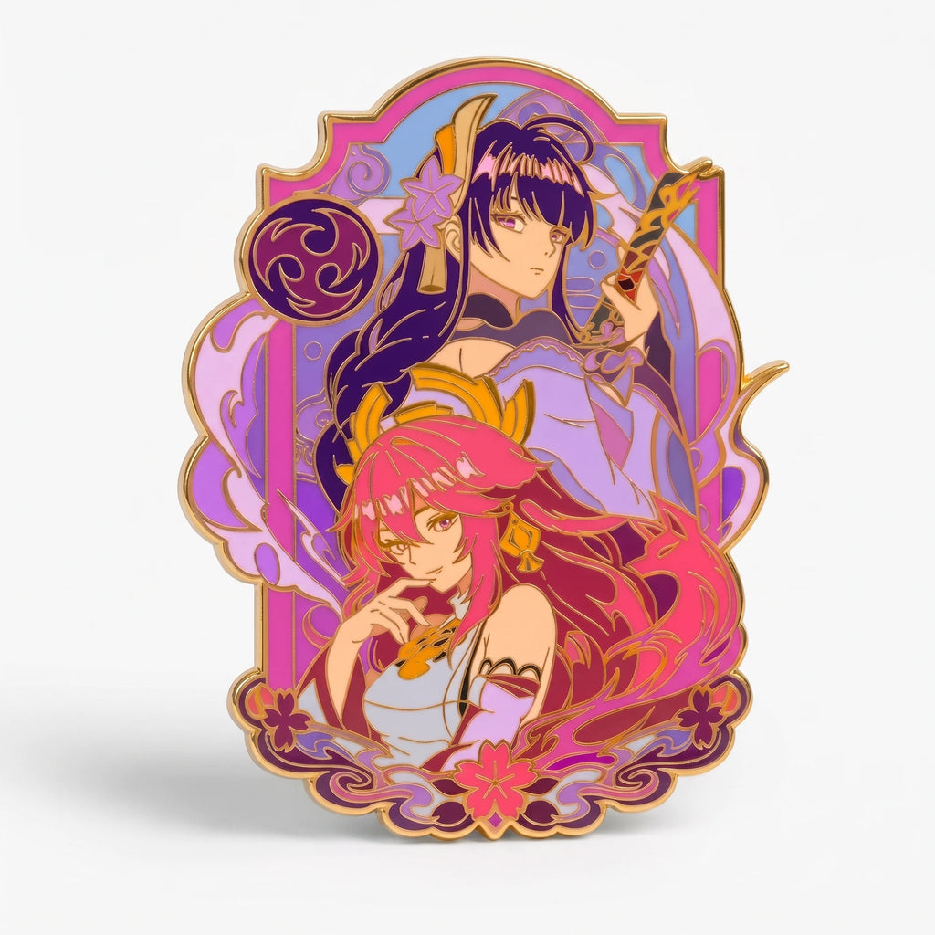 Gold-tone enamel pin of two figures side by side with a glow section, by Kraymer Art