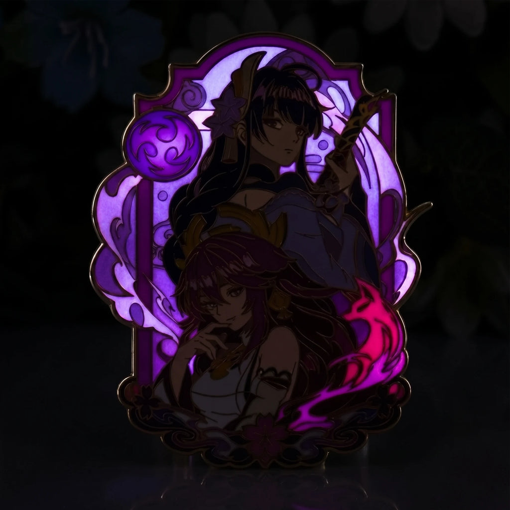 Glow-in-the-dark effect of Yae Miko x Raiden Shogun Glow-in-Dark Enamel Pin, Kraymer Art