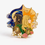 Glow-in-the-dark enamel pin with two figures together in one frame, by Kraymer Art