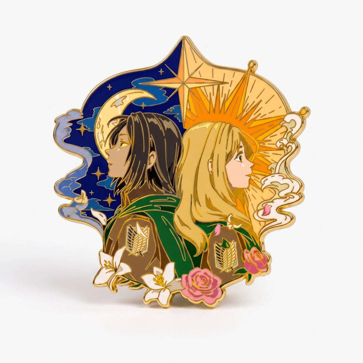 Glow-in-the-dark enamel pin with two figures together in one frame, by Kraymer Art