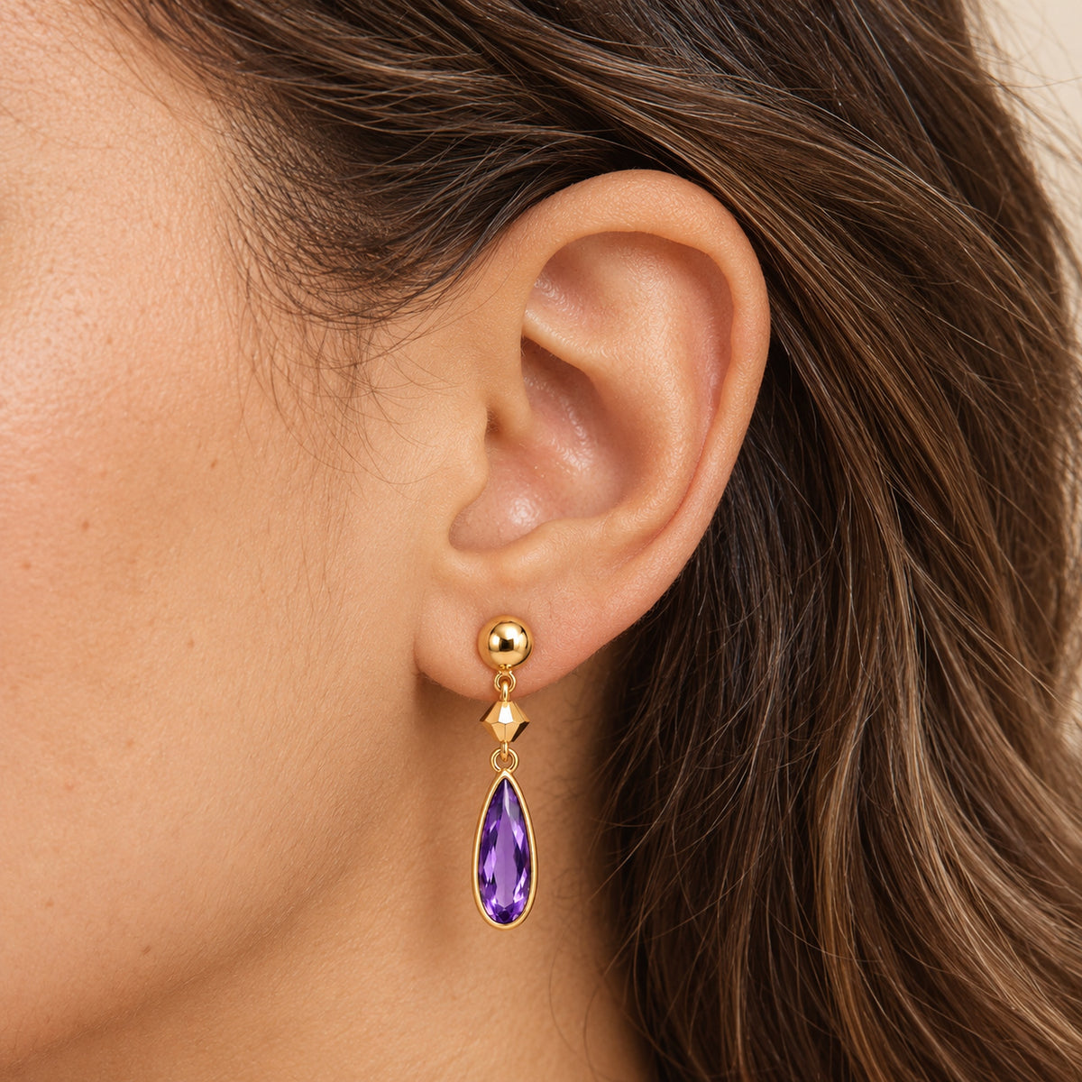 After the Dance Earrings in gold, worn