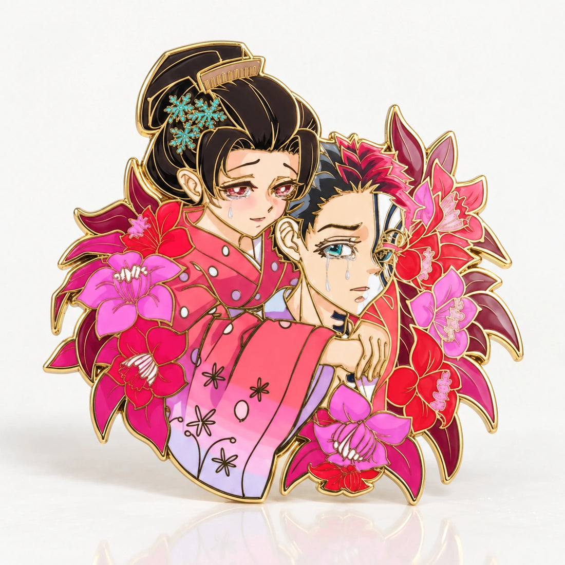 Upper Moon Three and Blossom Glow in the Dark Enamel Pin with the lights on