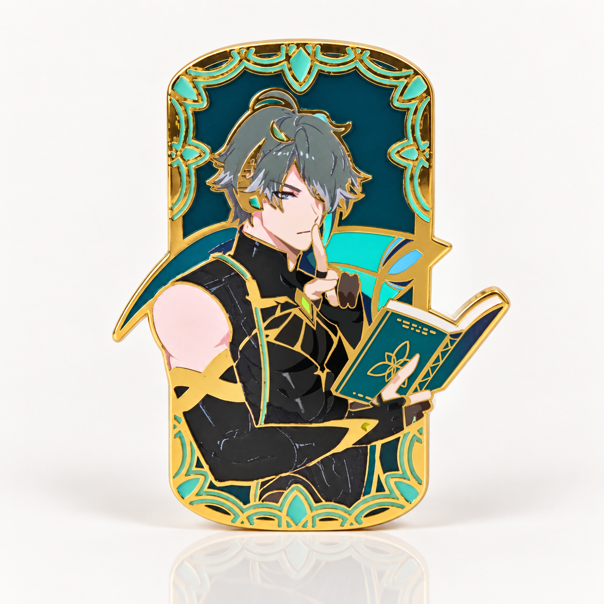 Alhaitham Glow in the Dark Enamel Pin by Kraymer Art, front view on white