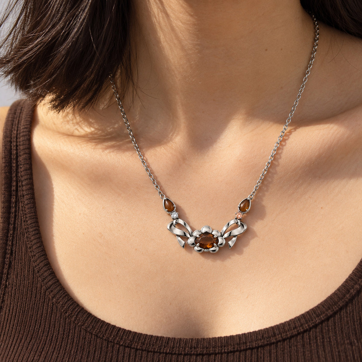 Origin Path Necklace in silver, worn