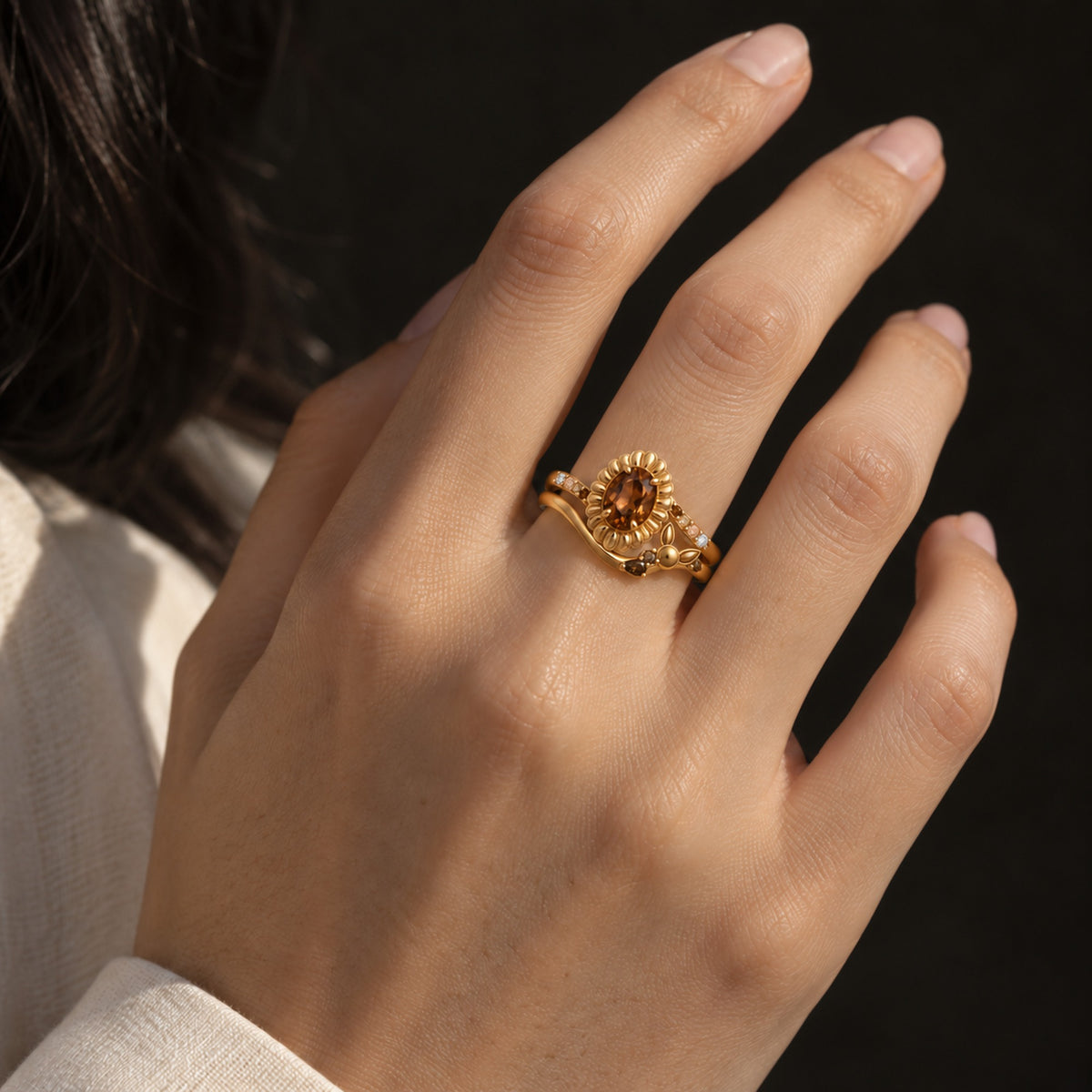 Origin Path Ring Set in gold, worn