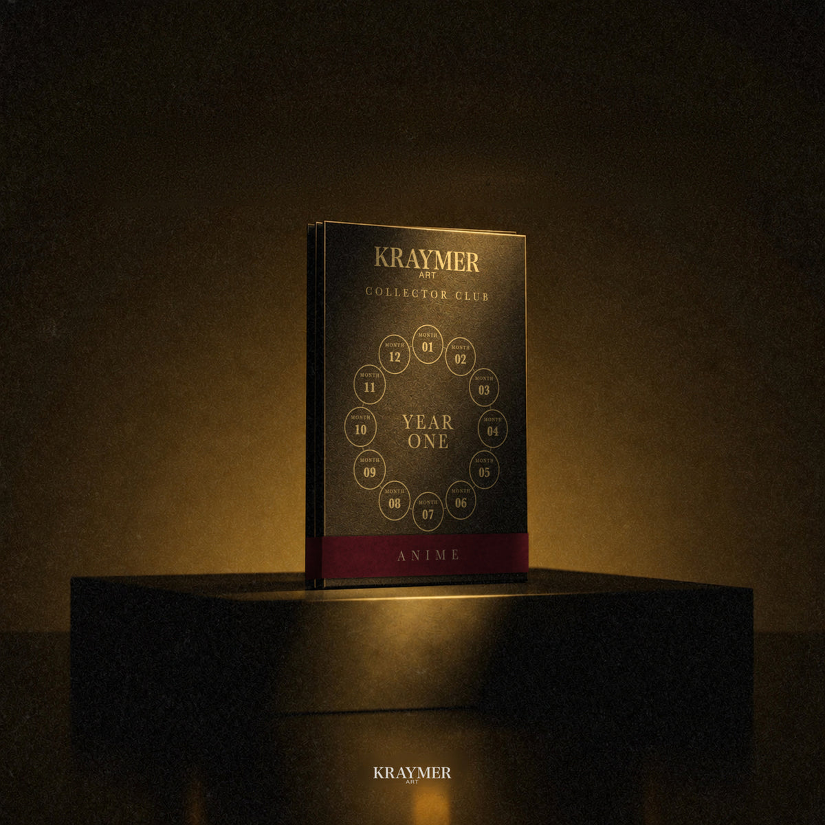 The Anime Collector Club folio, closed, standing in a shaft of gold light