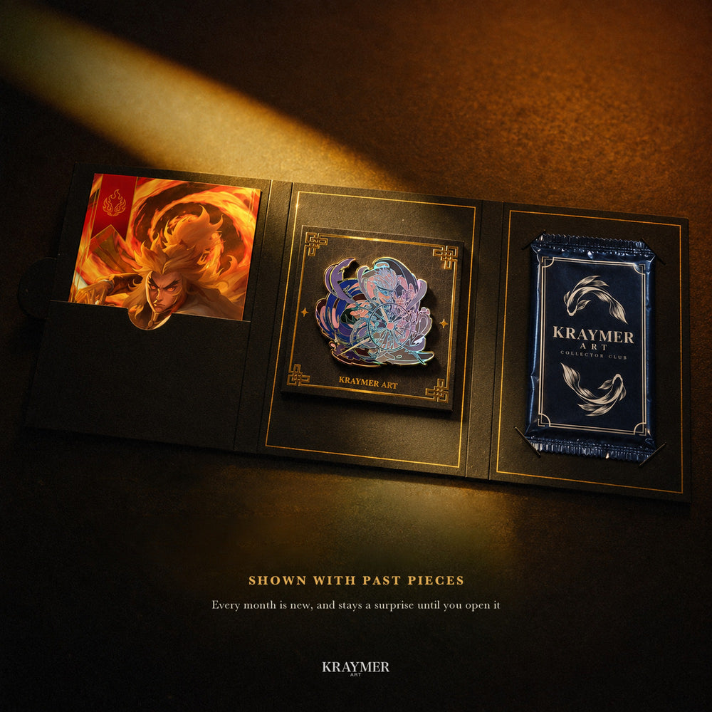 The folio open with past pieces: a holographic enamel pin on its card, an art print and the sealed card pack