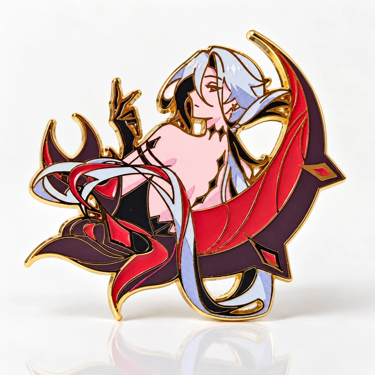 Arlecchino Glow in the Dark Enamel Pin by Kraymer Art, front view on white