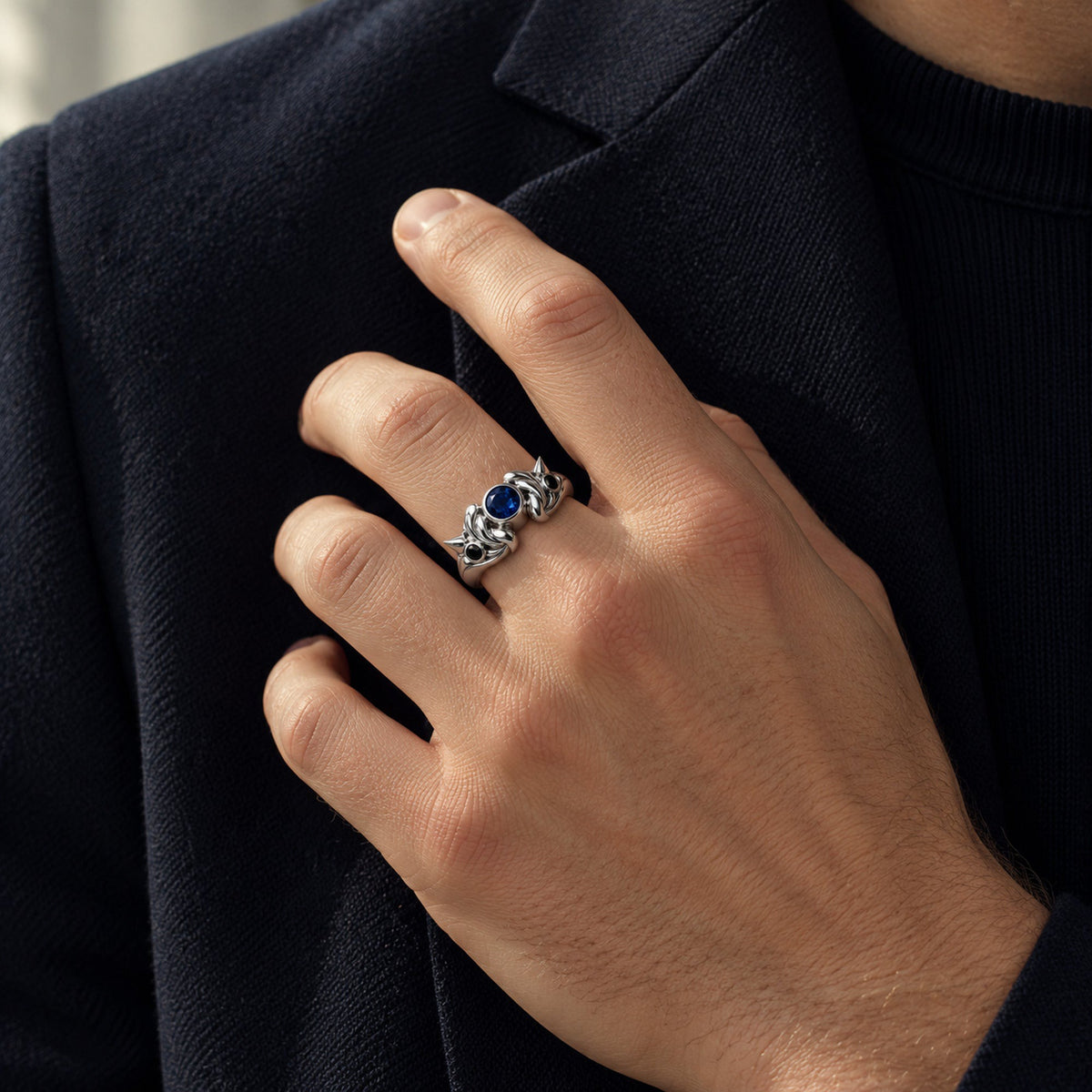 Aura Spike Ring in silver, worn by a man