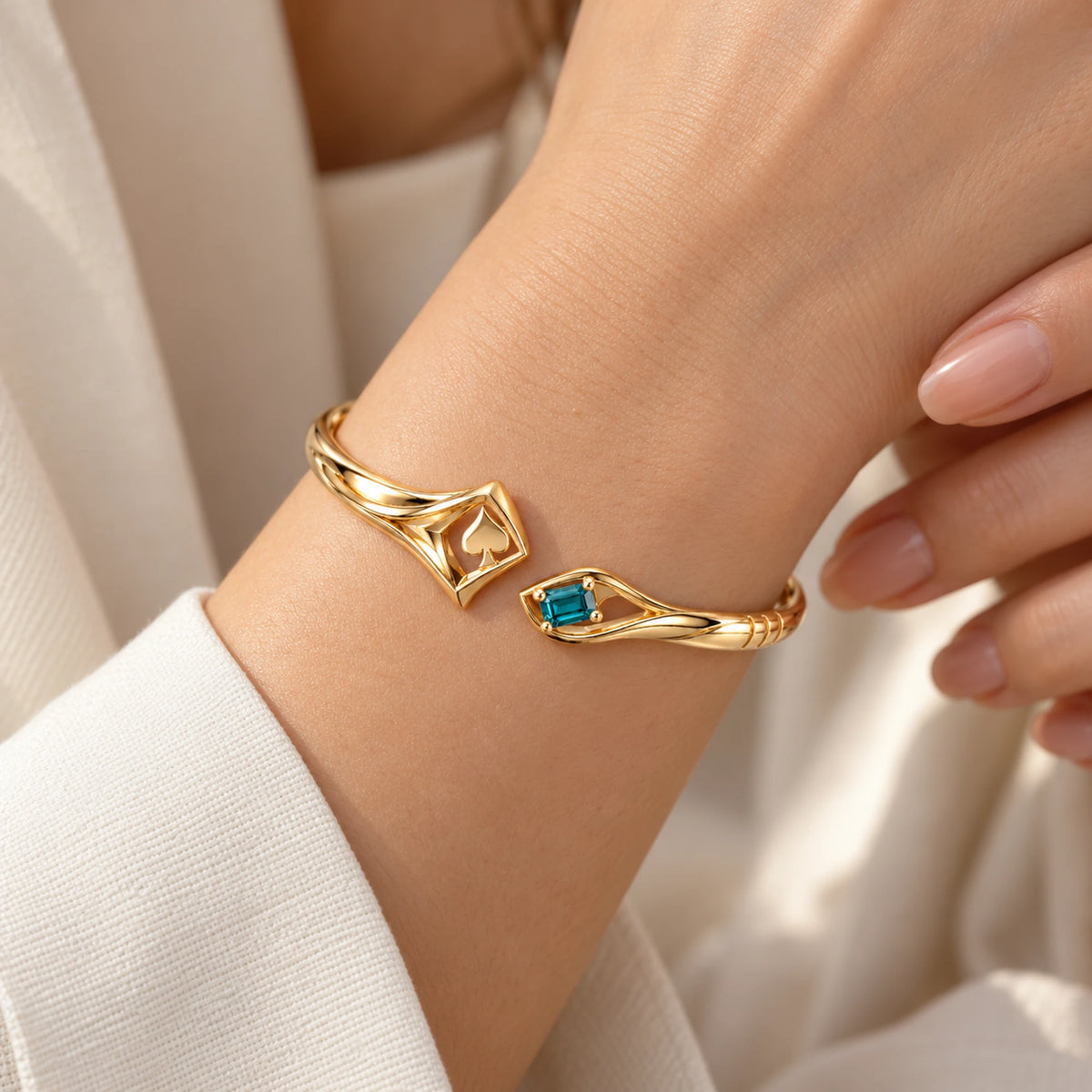 Aventurine Quiet Risk Bracelet in gold, worn on the wrist