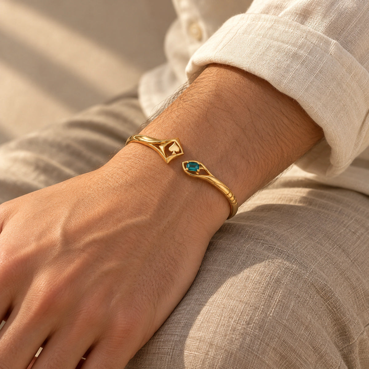 Aventurine Quiet Risk Bracelet in gold, worn on a man's wrist