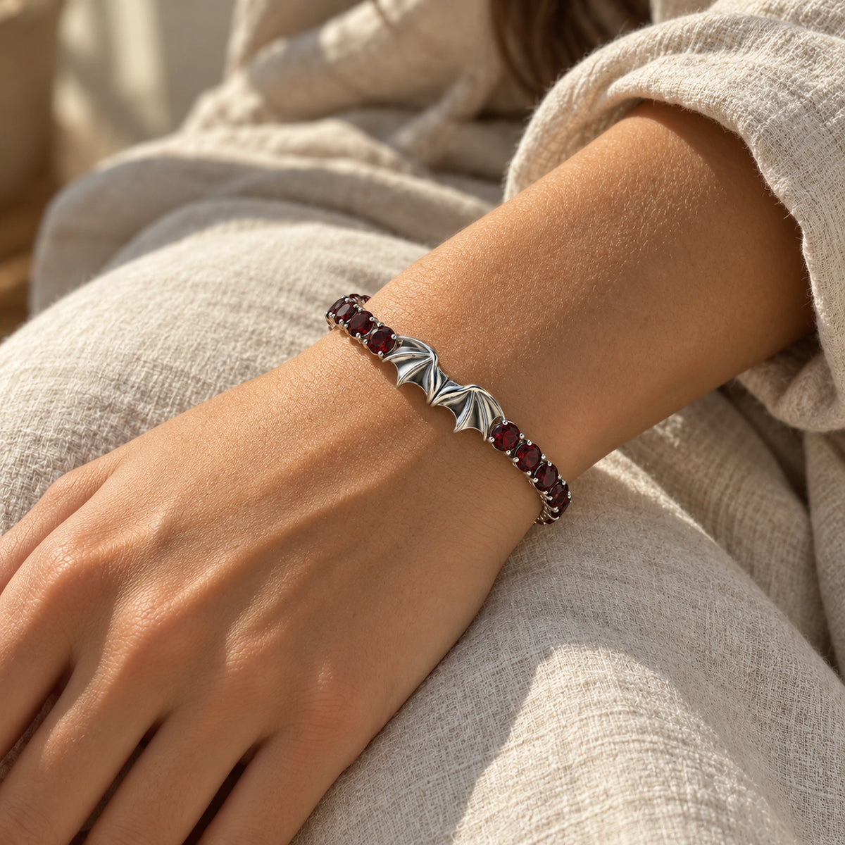 Crimson Wing Tennis Bracelet in Silver, worn