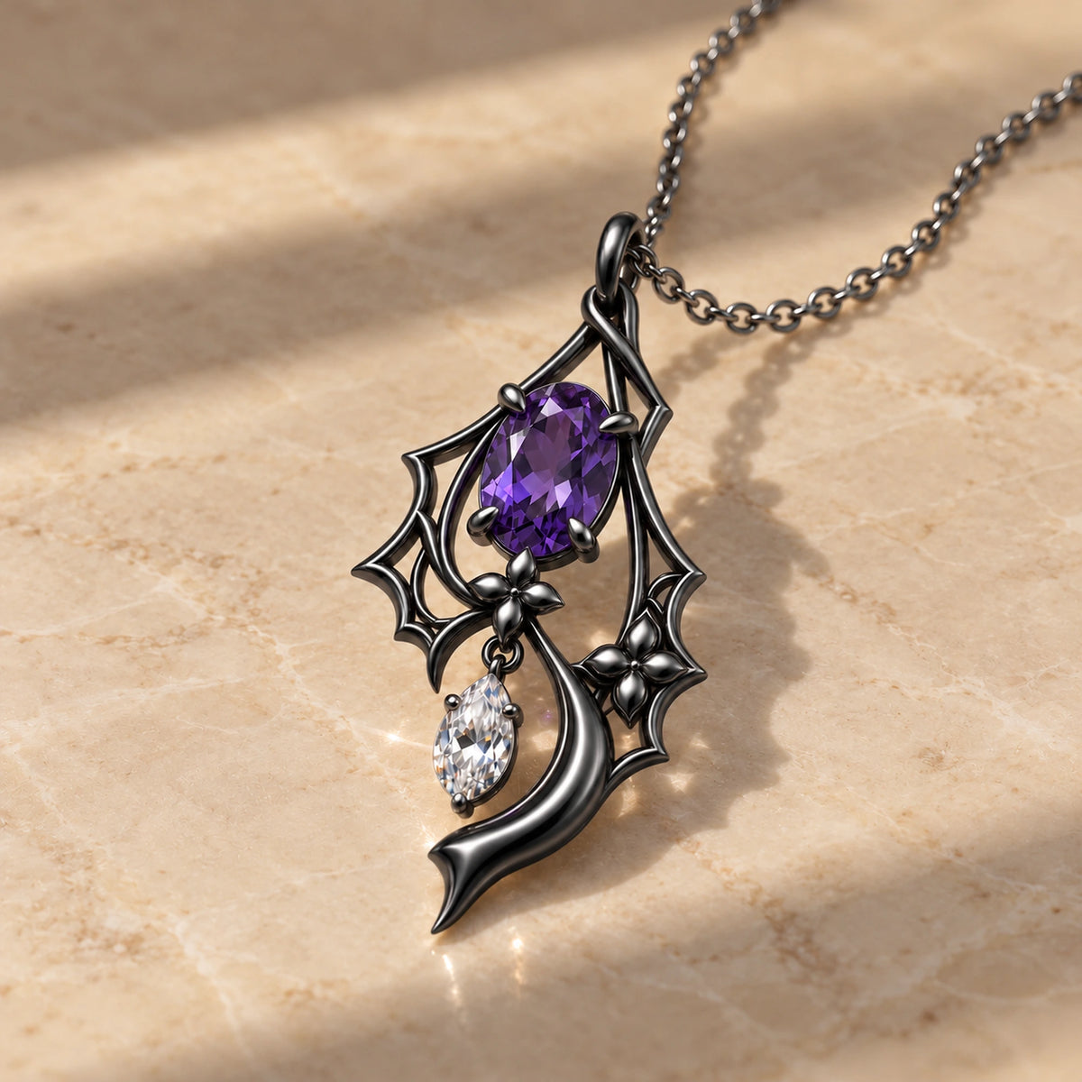 Black Swan Memoria Necklace in Royal Black on marble in window light